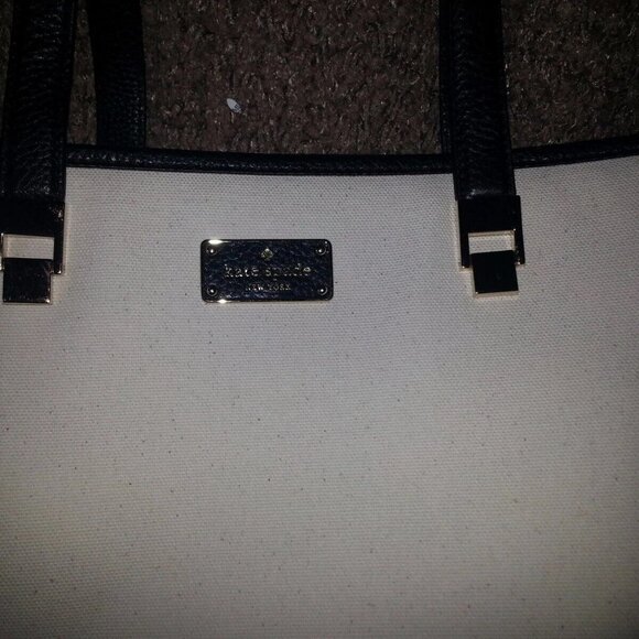 KATE SPADE-Oliver Street-Taren-Canvas Shoulder Bag-TOTE-Natural & Dark Navy-NWOT - Picture 2 of 7